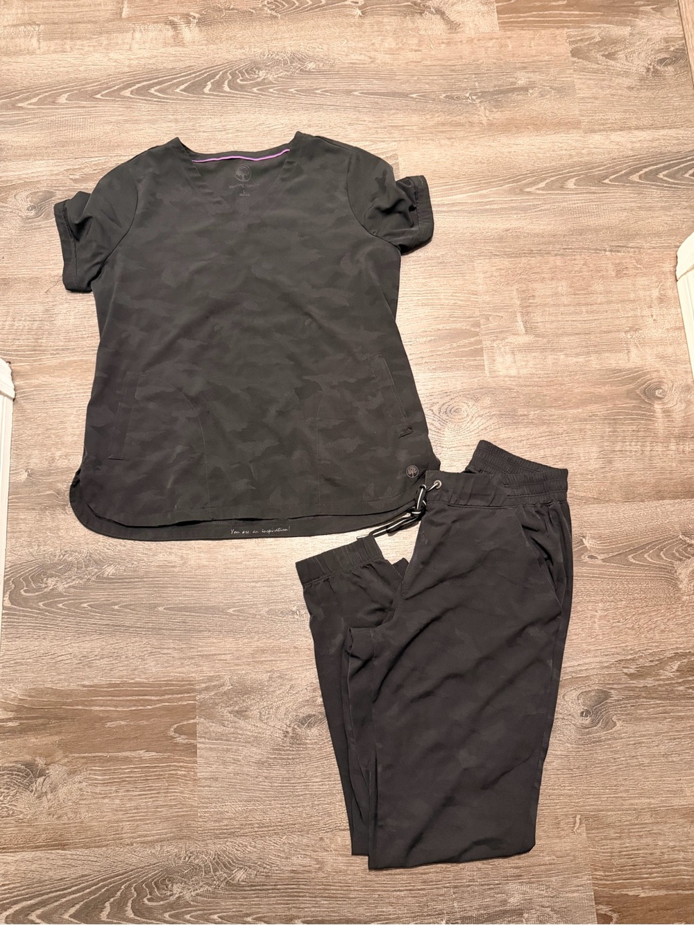 Healing Hands Black Camo-Textured Scrub Top and Jogger Pants
